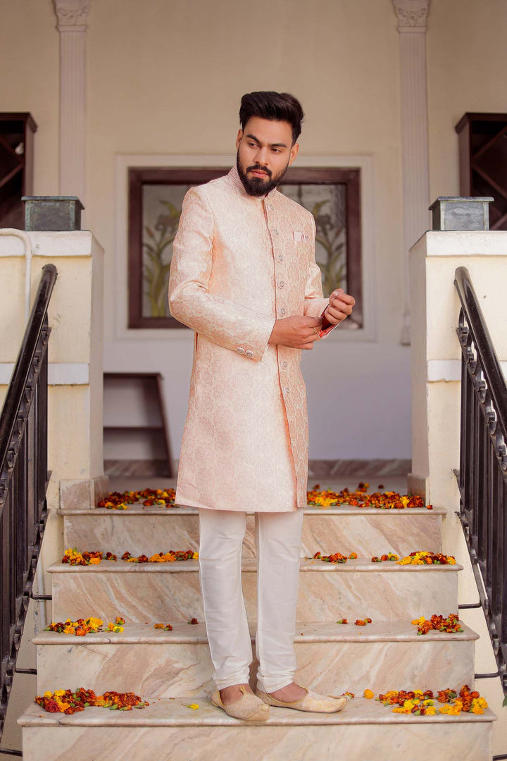 Peach Brocade Silk Indo-Western Suit