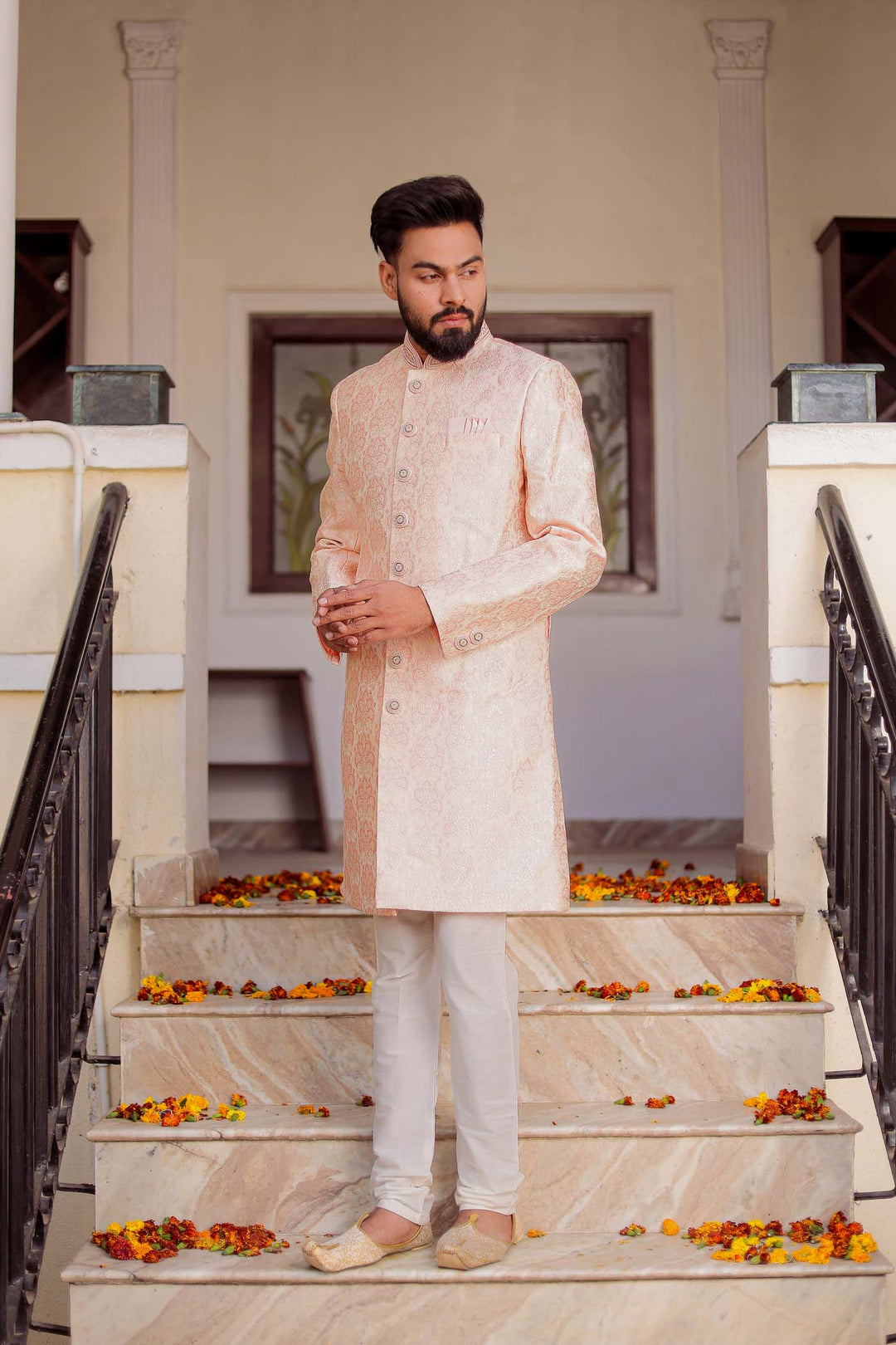 Peach Brocade Silk Indo-Western Suit