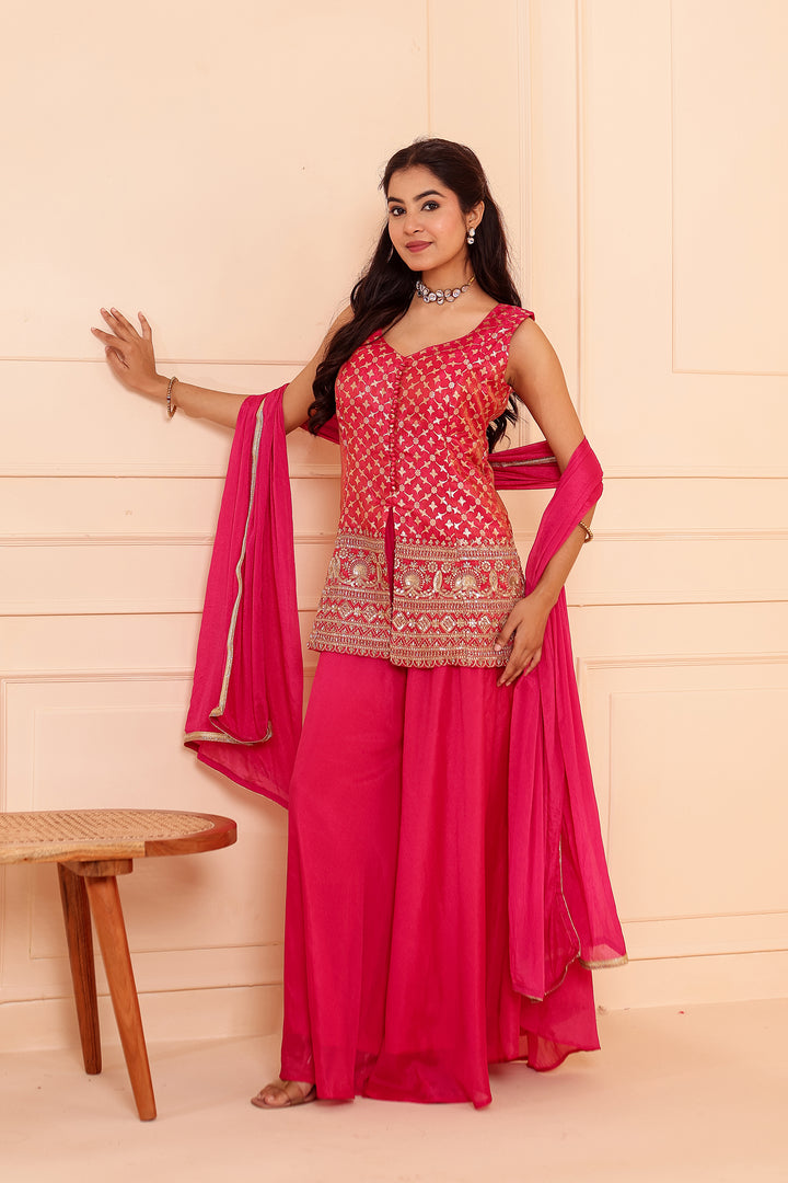 Rani Pink Banarsi Brocade Silk Palazzo Suit.