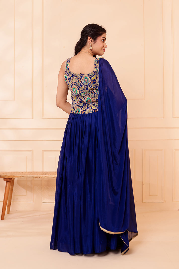 Blue Chinon Silk Lehenga Choli.