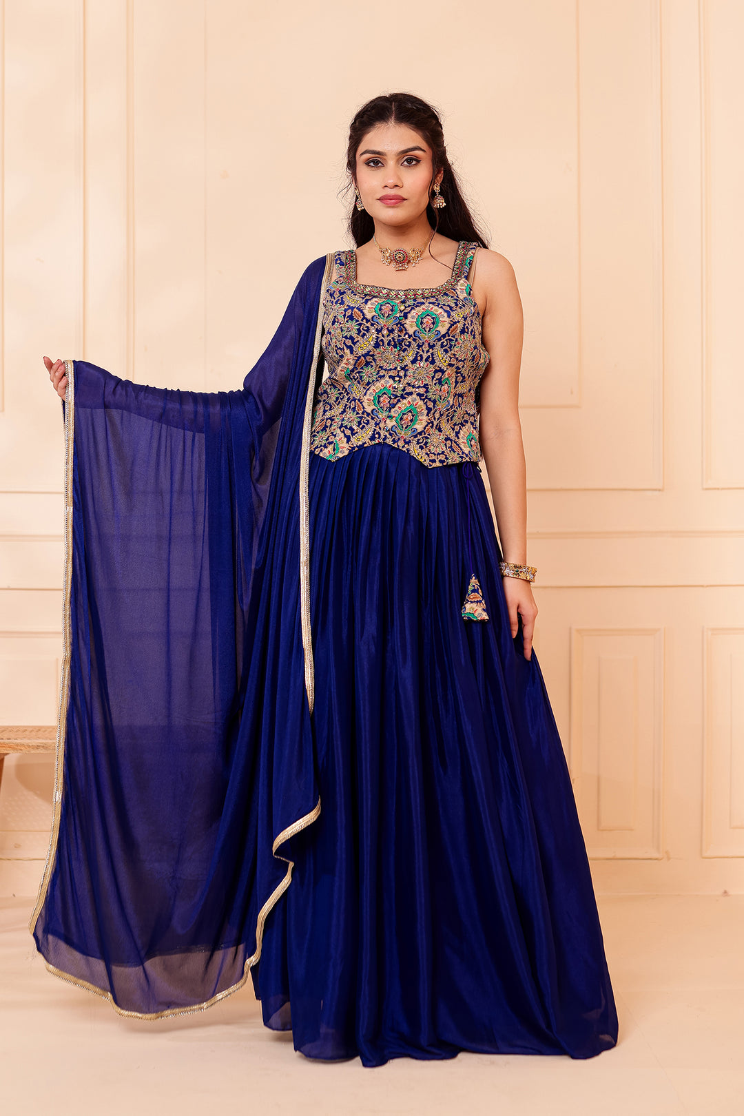 Blue Chinon Silk Lehenga Choli.