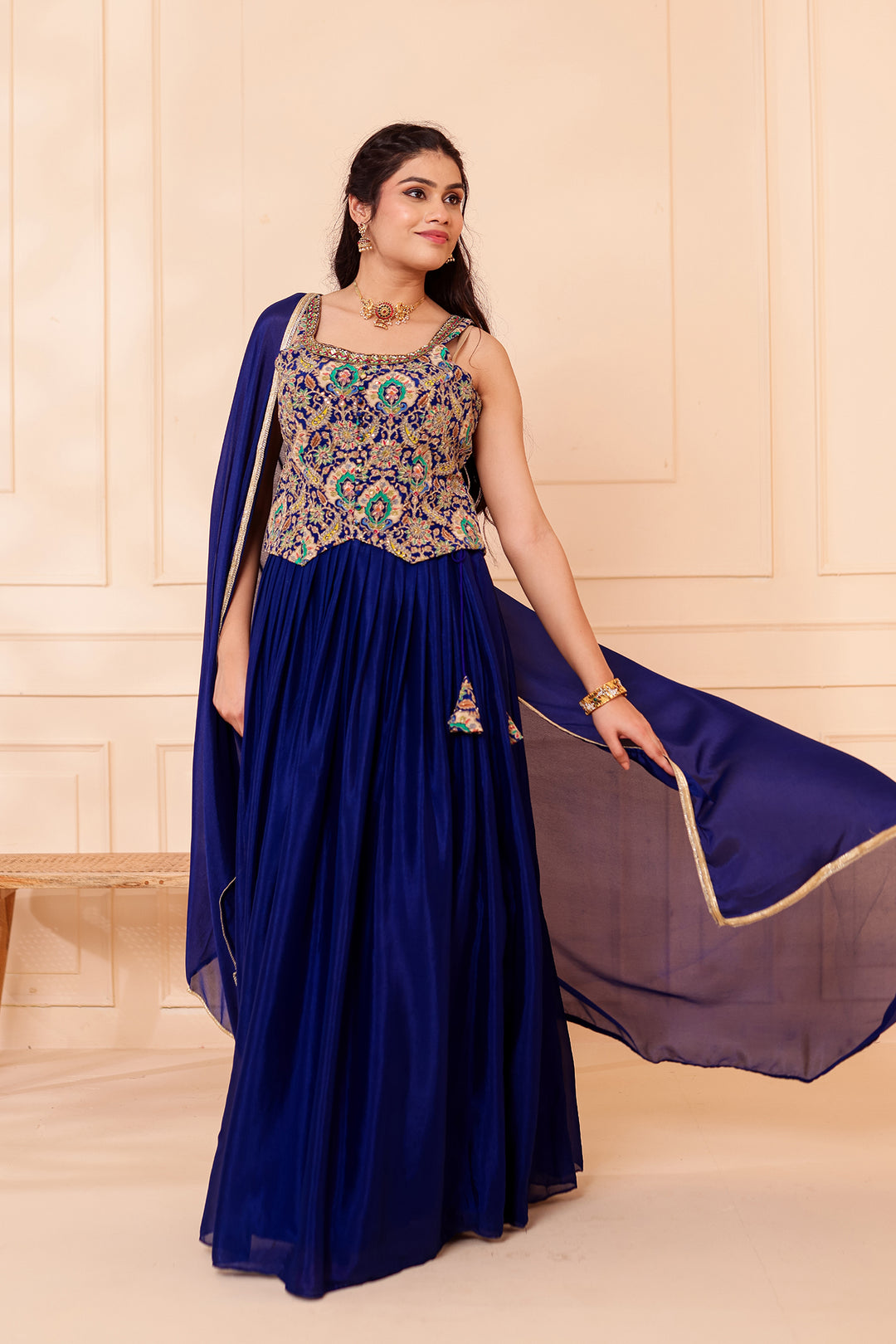 Blue Chinon Silk Lehenga Choli.