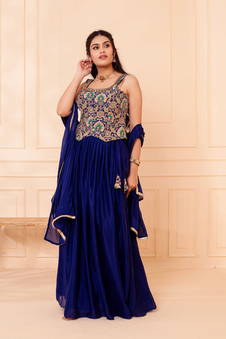 Blue Chinon Silk Lehenga Choli.