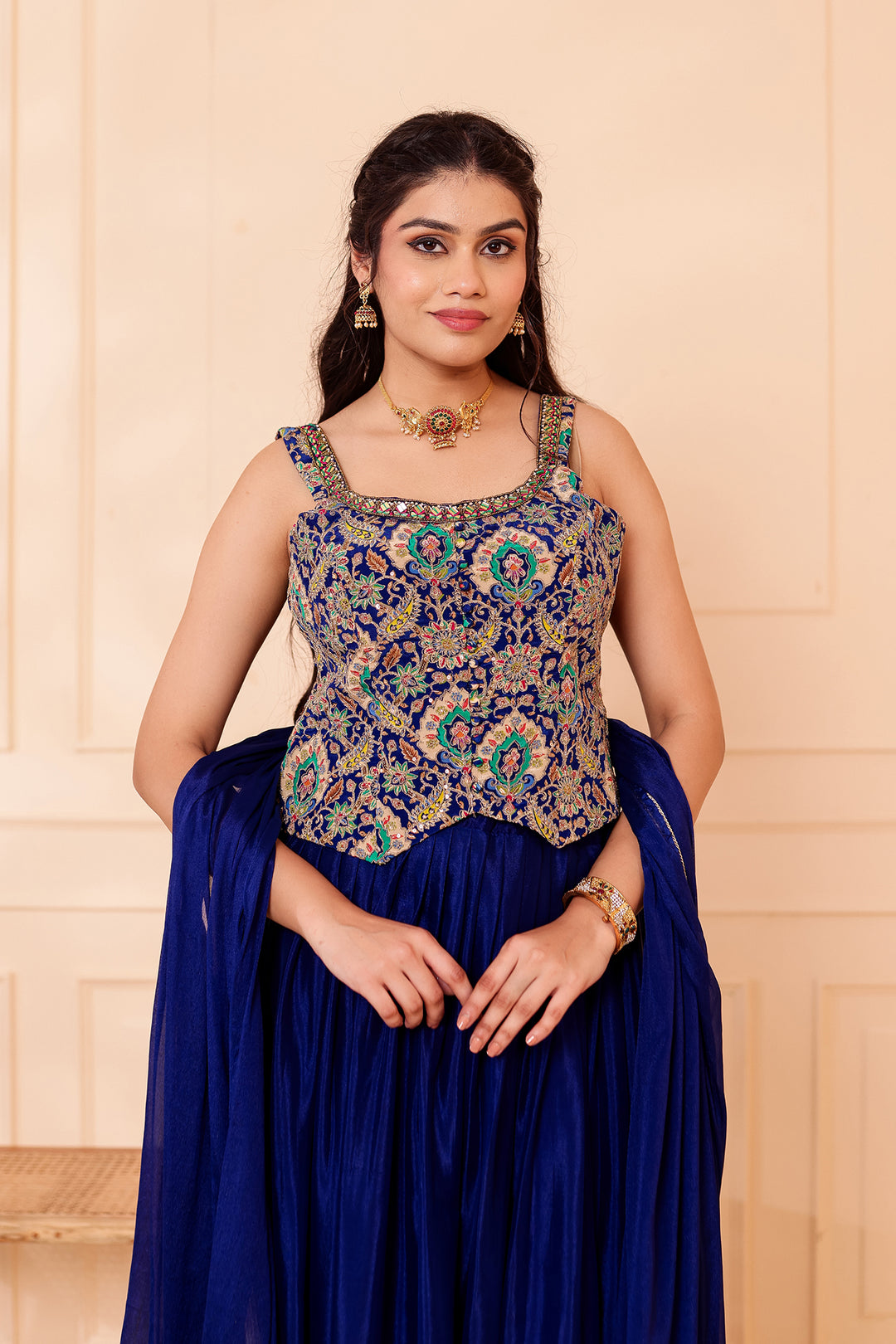 Blue Chinon Silk Lehenga Choli.