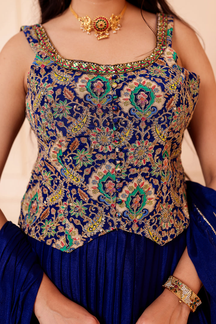 Blue Chinon Silk Lehenga Choli.