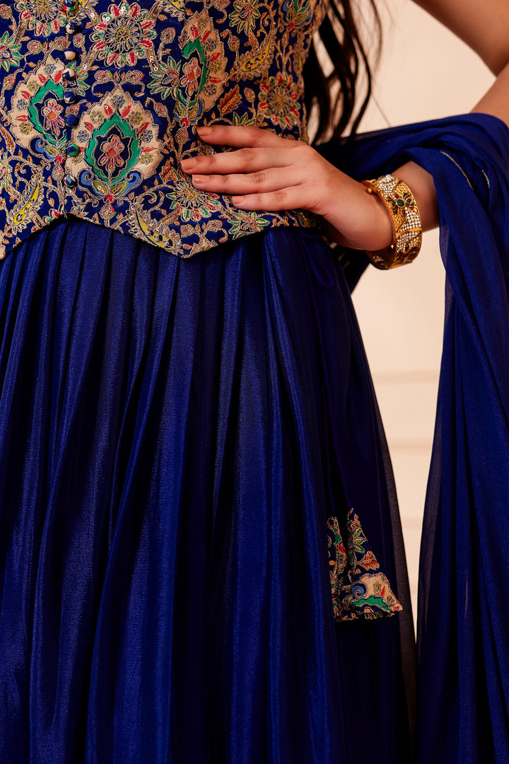 Blue Chinon Silk Lehenga Choli.