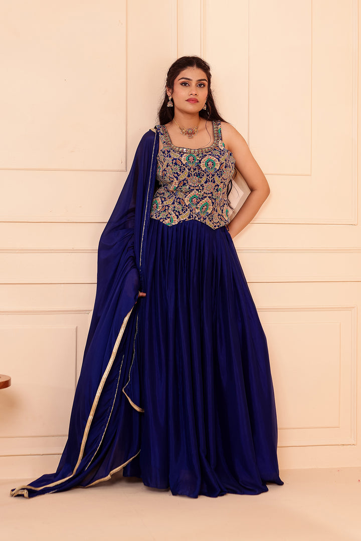 Blue Chinon Silk Lehenga Choli.