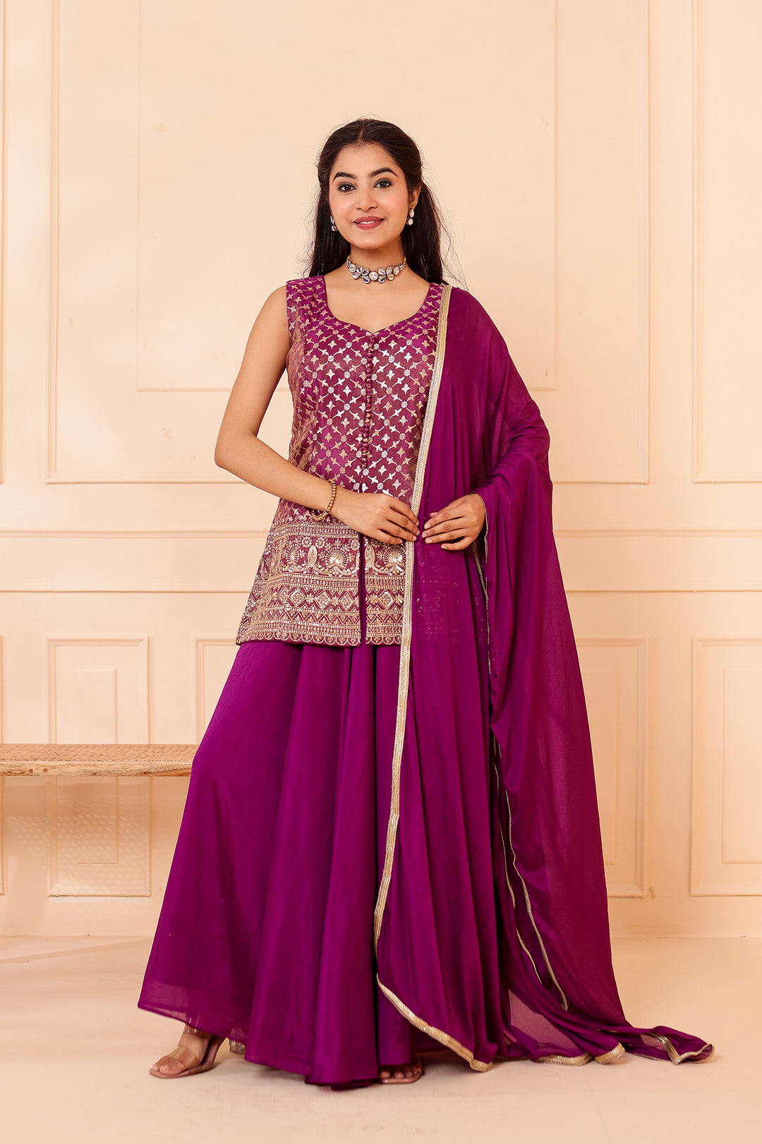 Purple Banarsi Brocade Silk Palazzo Suit.