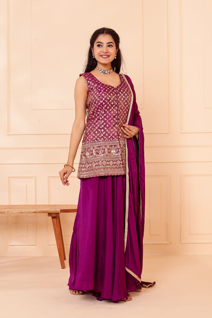 Purple Banarsi Brocade Silk Palazzo Suit.