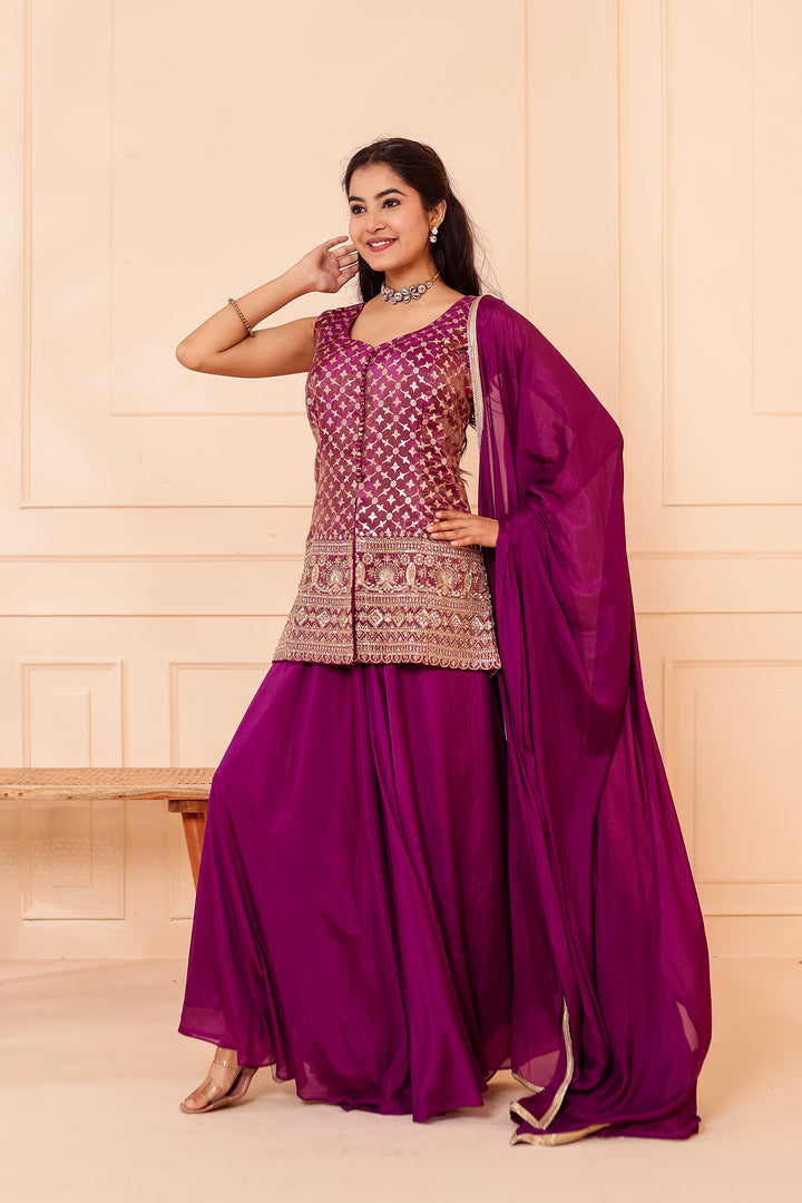 Purple Banarsi Brocade Silk Palazzo Suit.