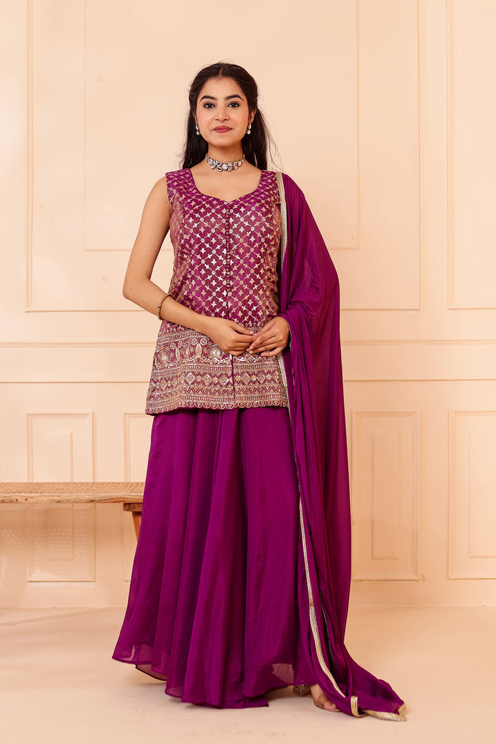 Purple Banarsi Brocade Silk Palazzo Suit.