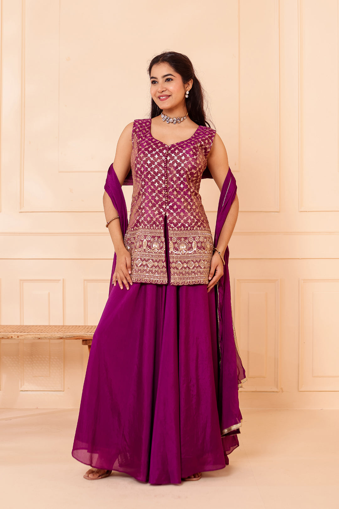 Purple Banarsi Brocade Silk Palazzo Suit.