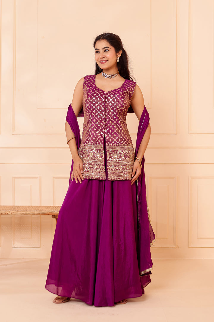Purple Banarsi Brocade Silk Palazzo Suit.