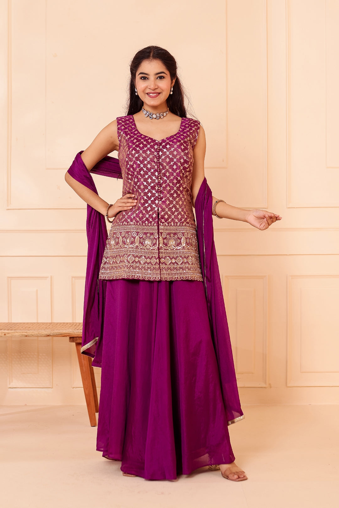 Purple Banarsi Brocade Silk Palazzo Suit.