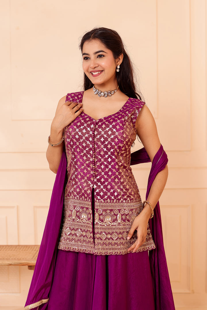 Purple Banarsi Brocade Silk Palazzo Suit.