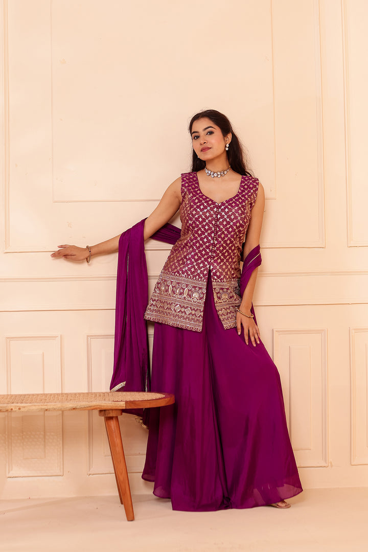 Purple Banarsi Brocade Silk Palazzo Suit.
