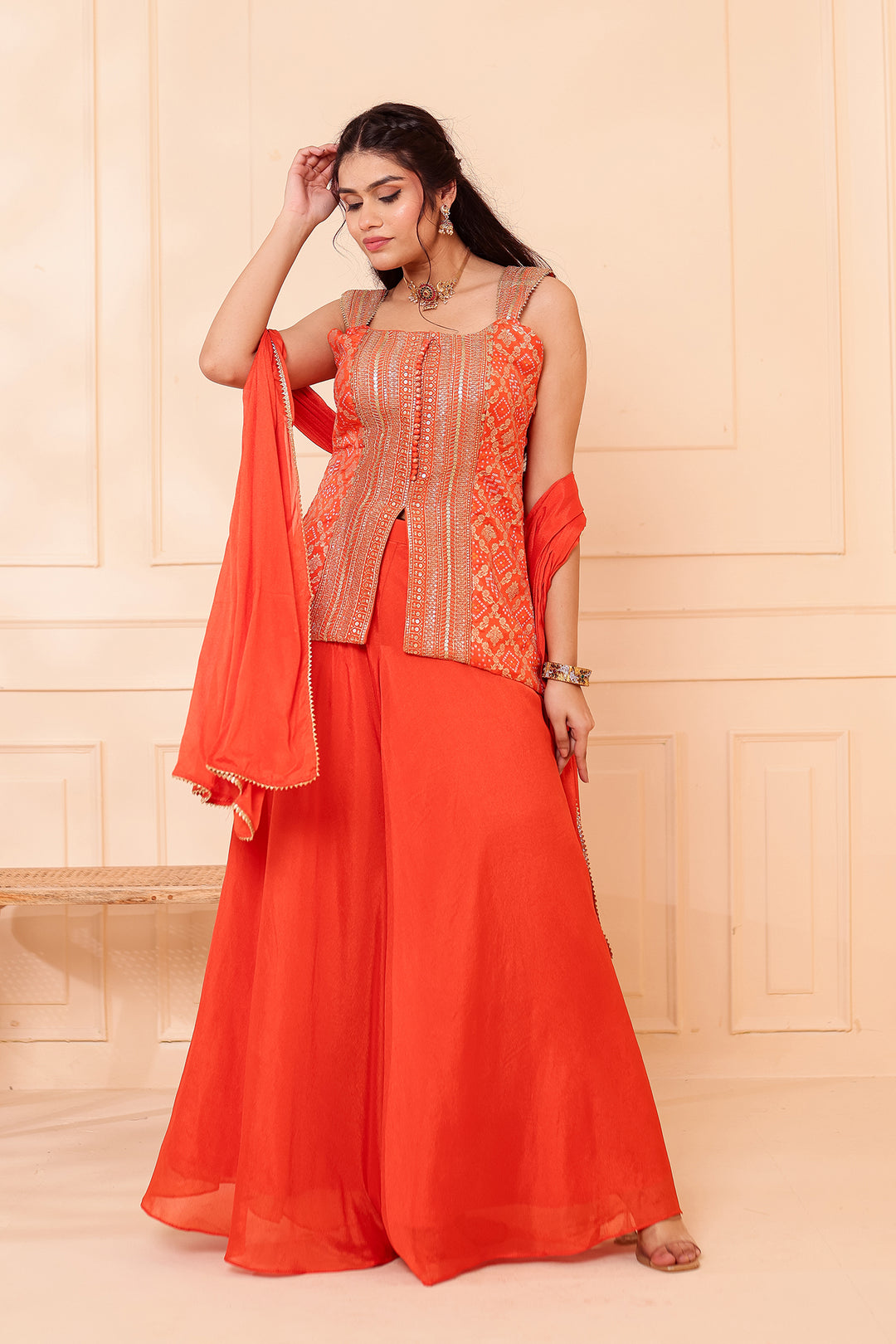 Orange Bandhani Silk Palazzo Suit.