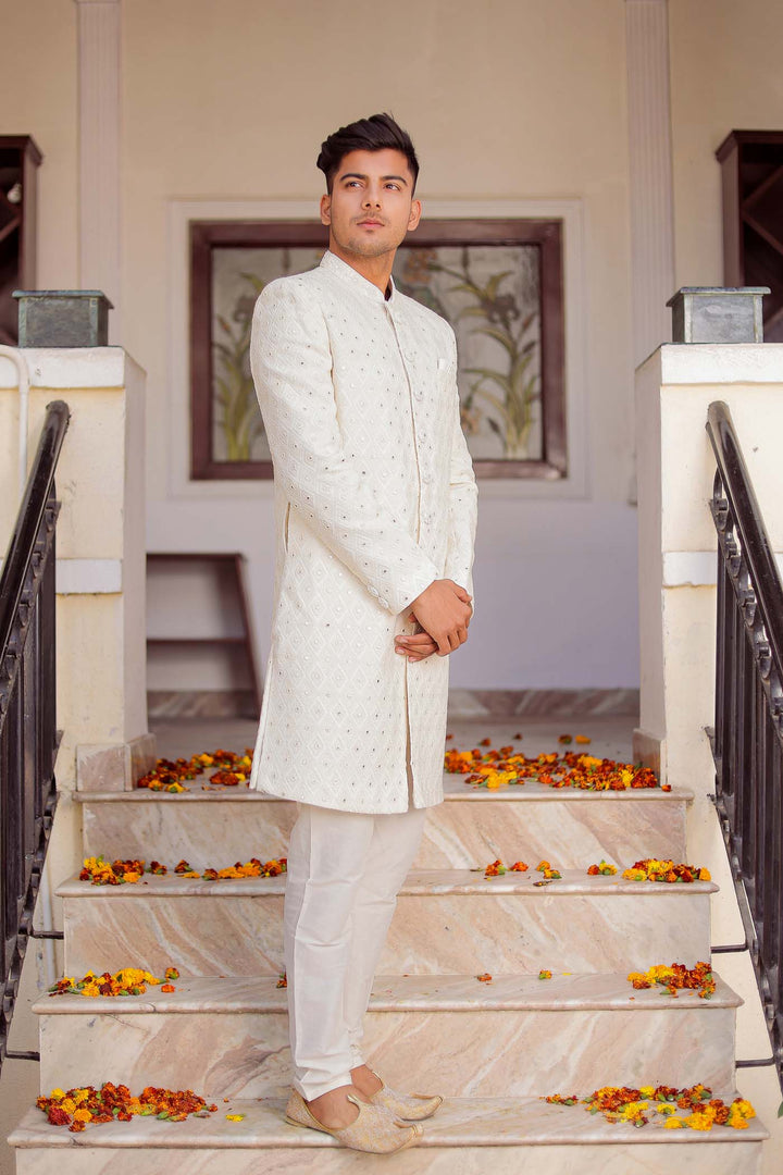 Off White Lucknowi Indo-Western Suit.