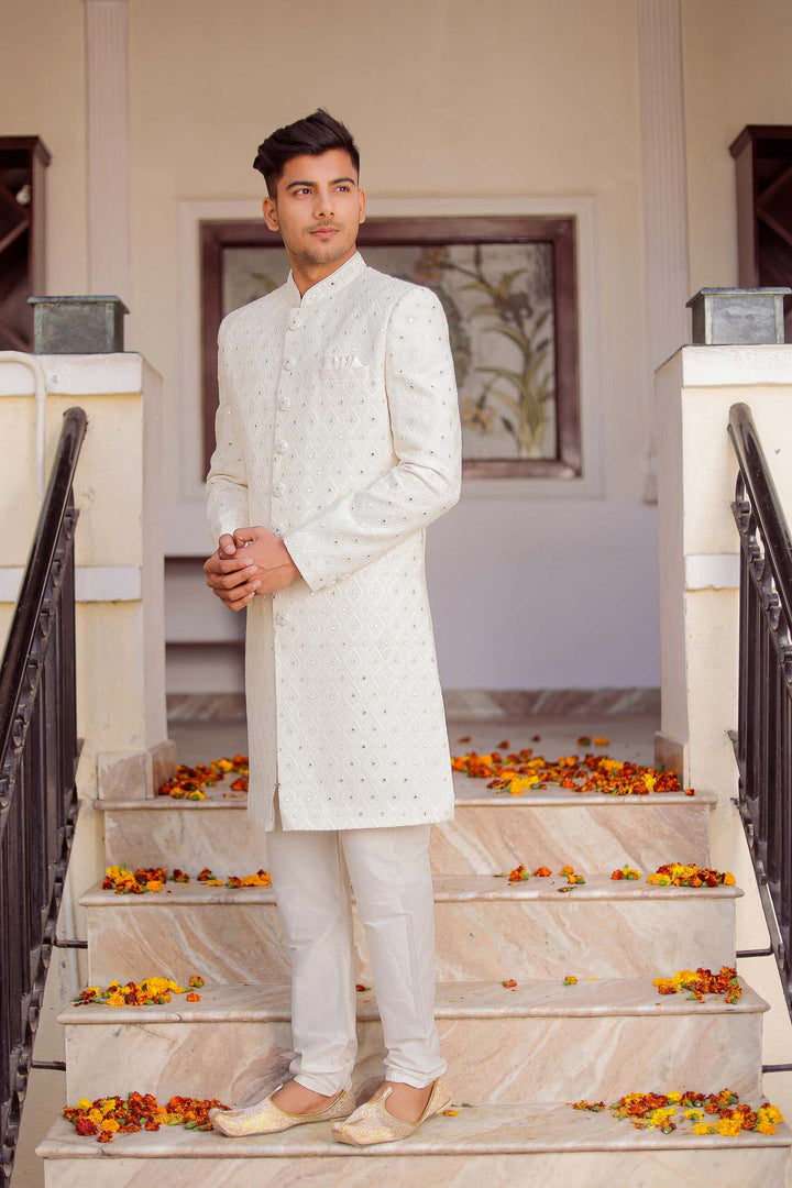 Off White Lucknowi Indo-Western Suit.