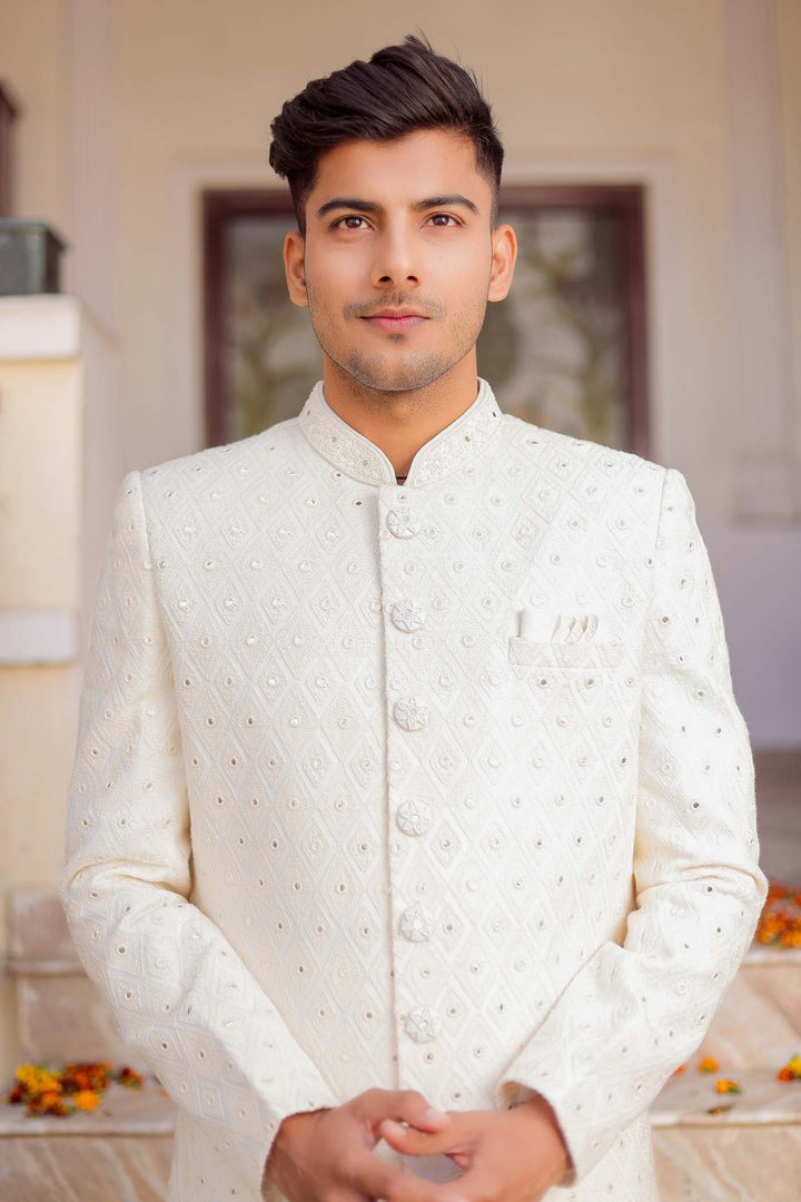 Off White Lucknowi Indo-Western Suit.
