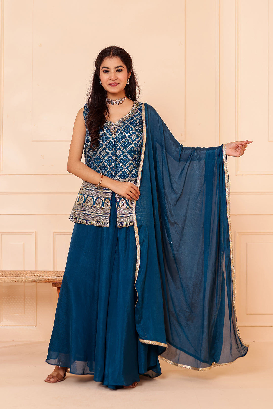 Blue Bandhani Silk Palazzo Suit.