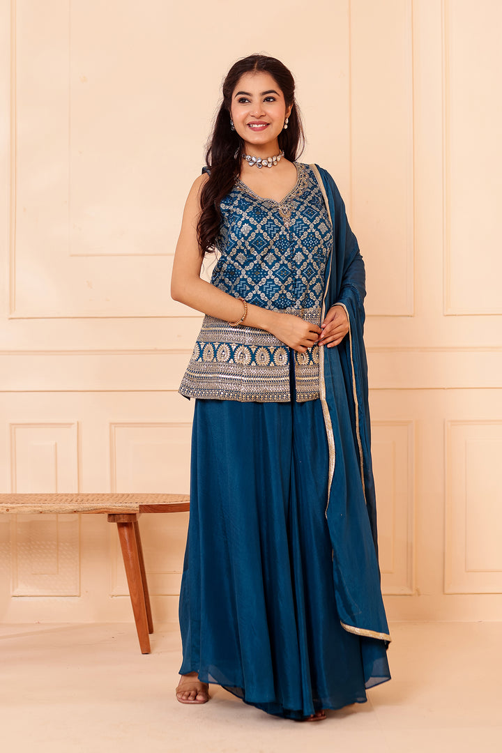 Blue Bandhani Silk Palazzo Suit.