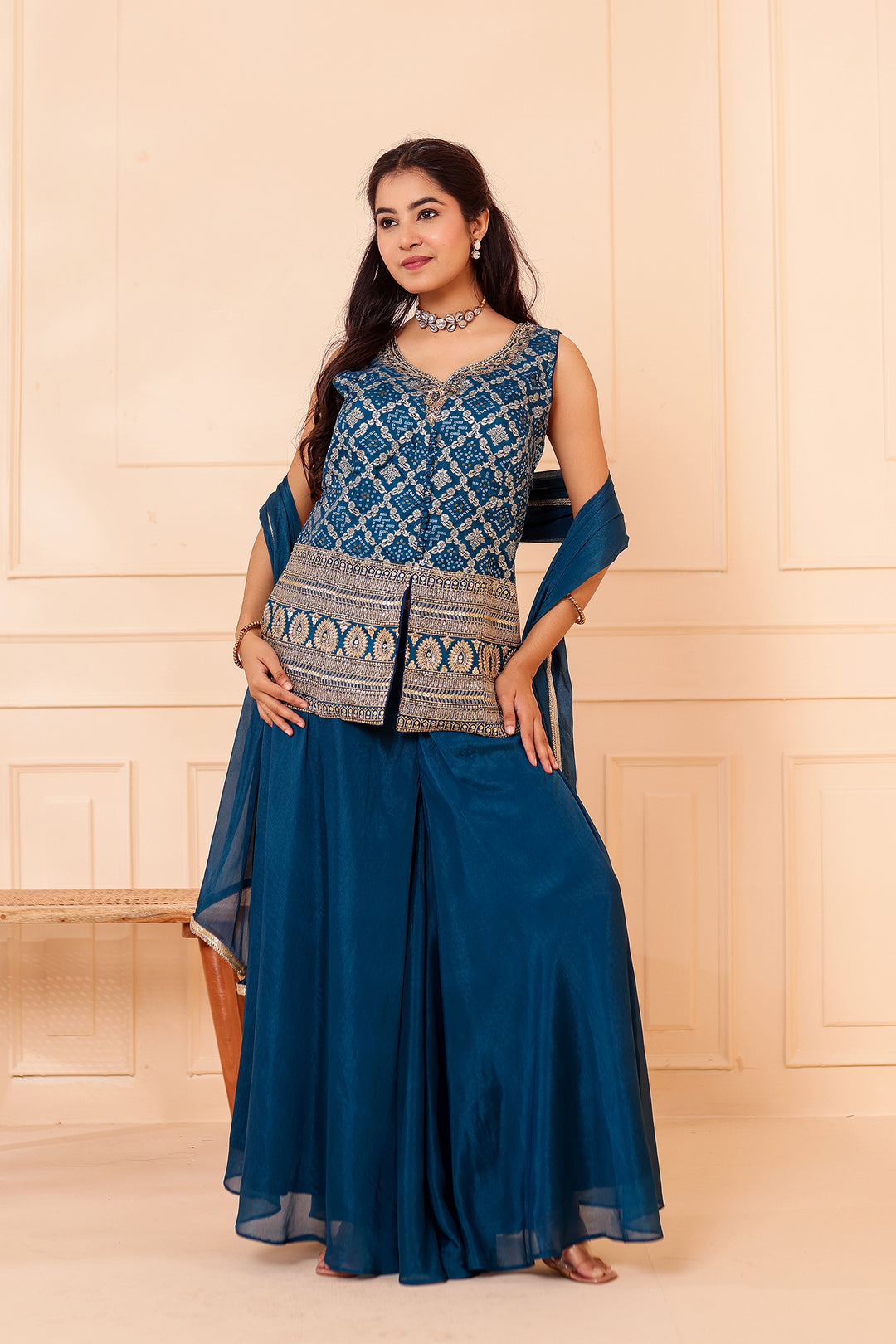 Blue Bandhani Silk Palazzo Suit.