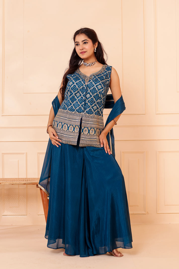 Blue Bandhani Silk Palazzo Suit.