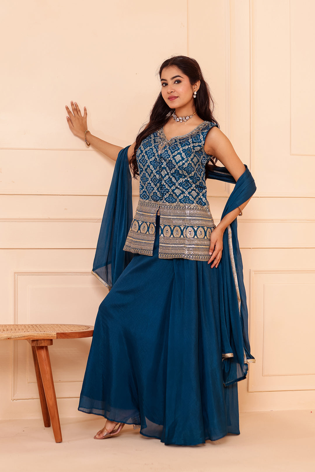 Blue Bandhani Silk Palazzo Suit.