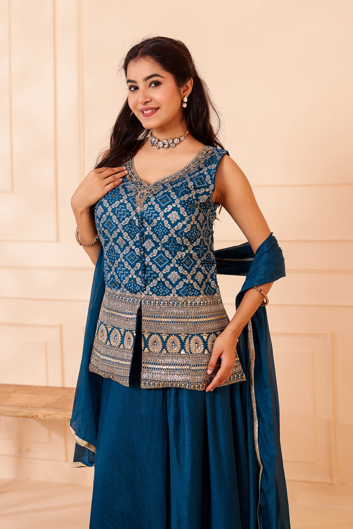 Blue Bandhani Silk Palazzo Suit.
