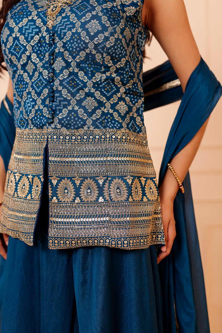 Blue Bandhani Silk Palazzo Suit.