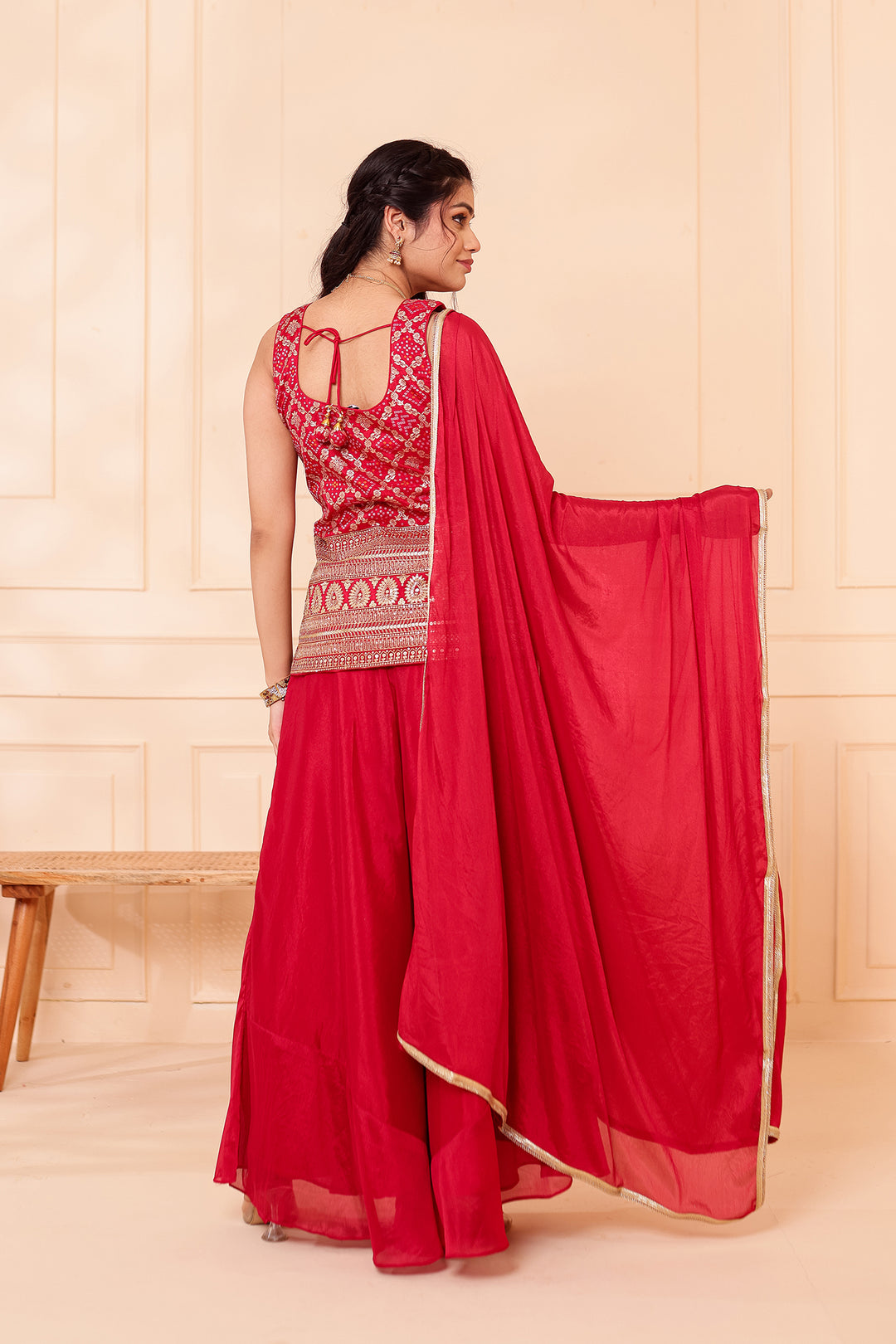 Red Bandhani Silk Palazzo Suit.