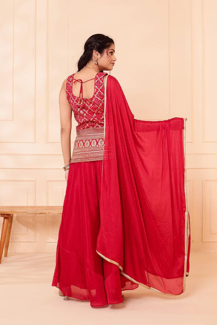 Red Bandhani Silk Palazzo Suit.