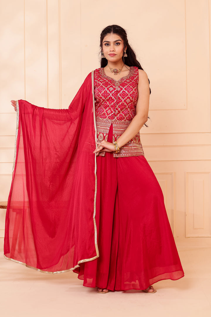 Red Bandhani Silk Palazzo Suit.