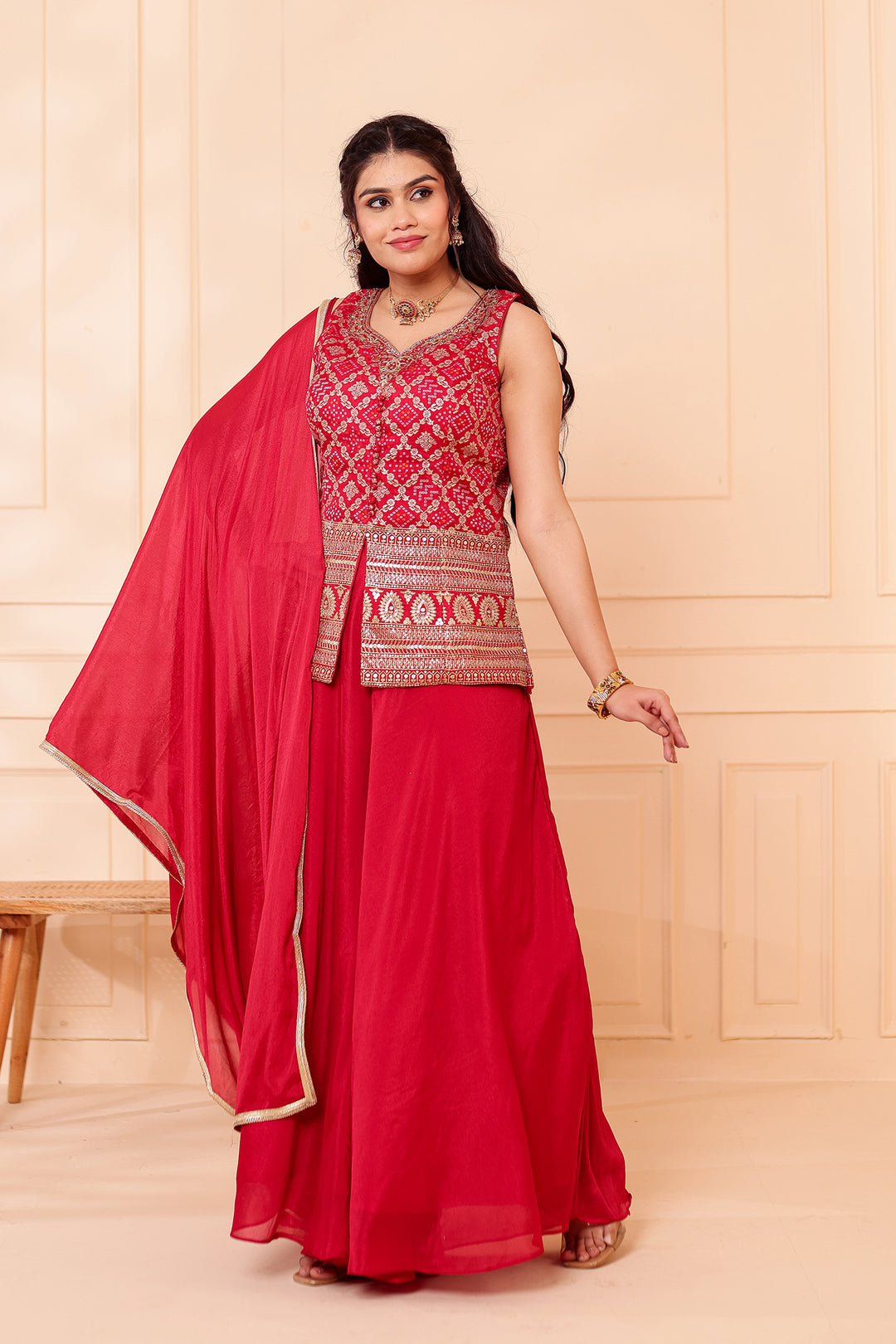 Red Bandhani Silk Palazzo Suit.