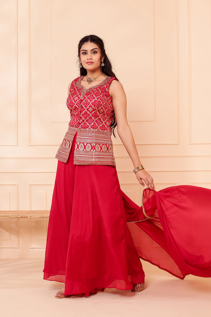 Red Bandhani Silk Palazzo Suit.