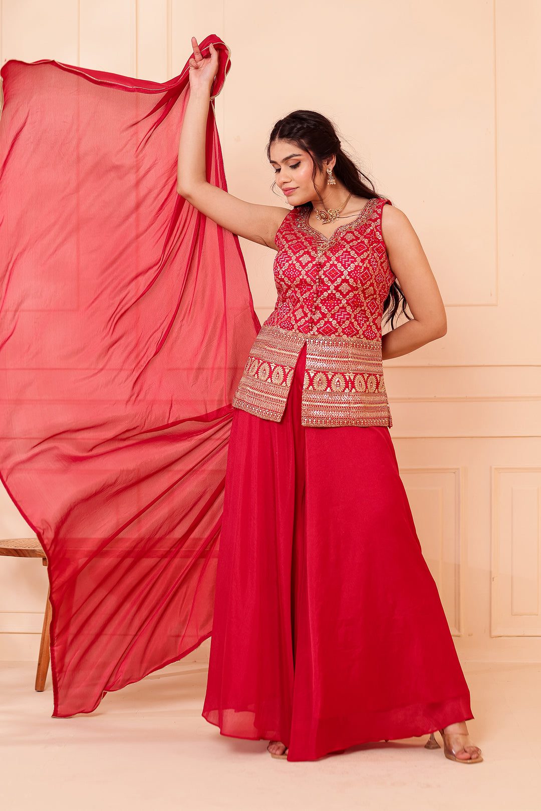 Red Bandhani Silk Palazzo Suit.