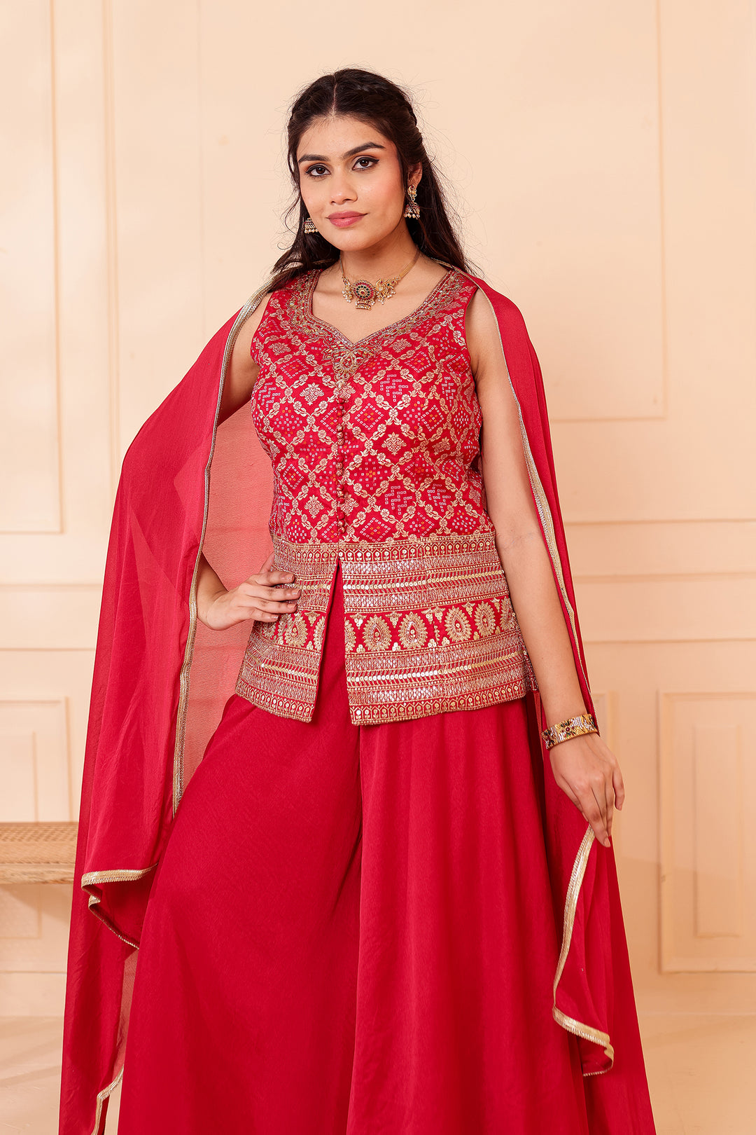 Red Bandhani Silk Palazzo Suit.