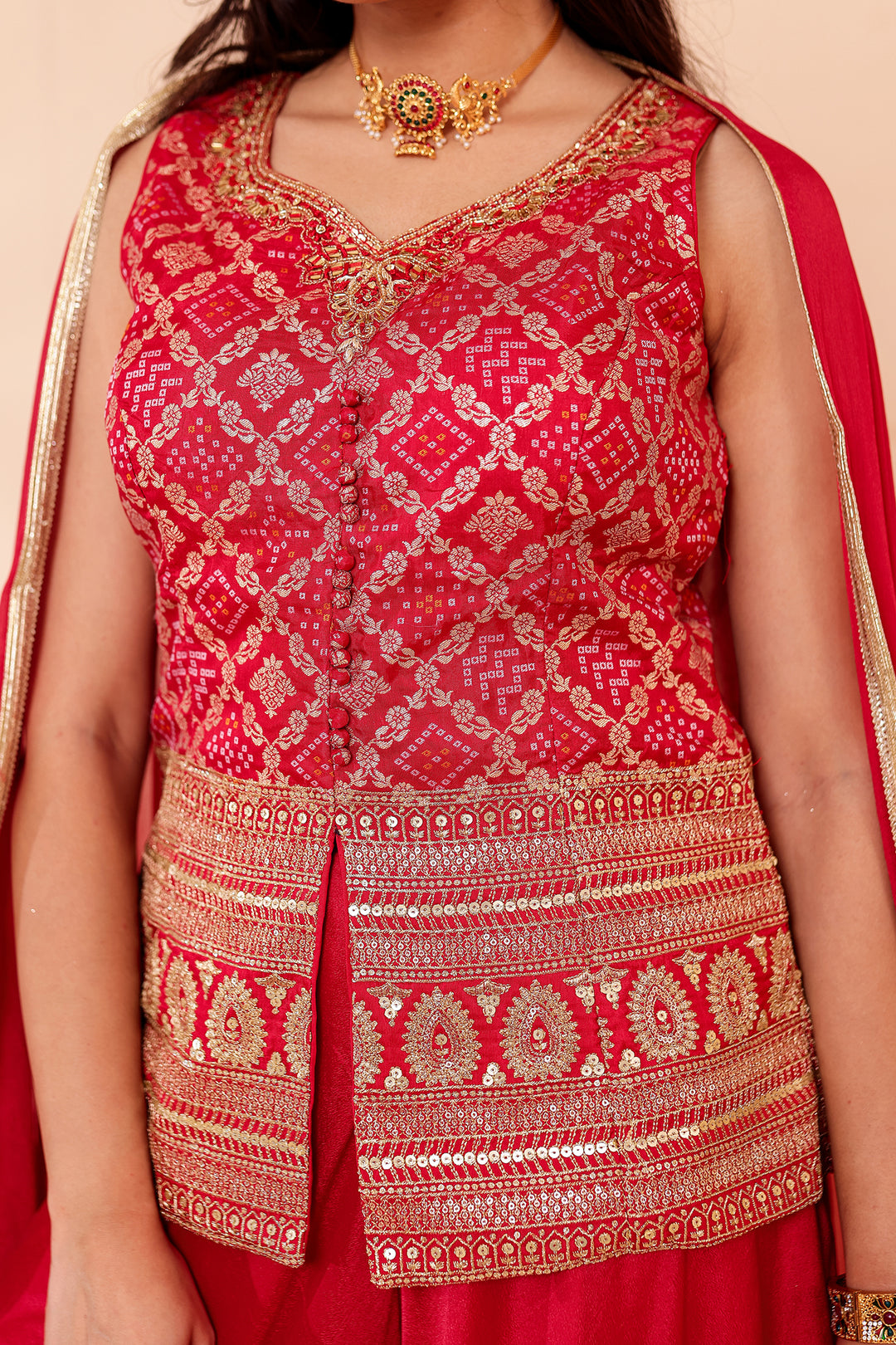 Red Bandhani Silk Palazzo Suit.