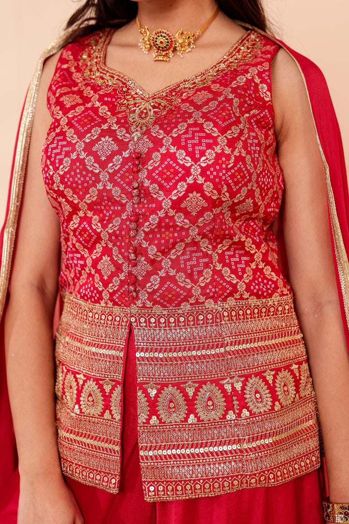 Red Bandhani Silk Palazzo Suit.