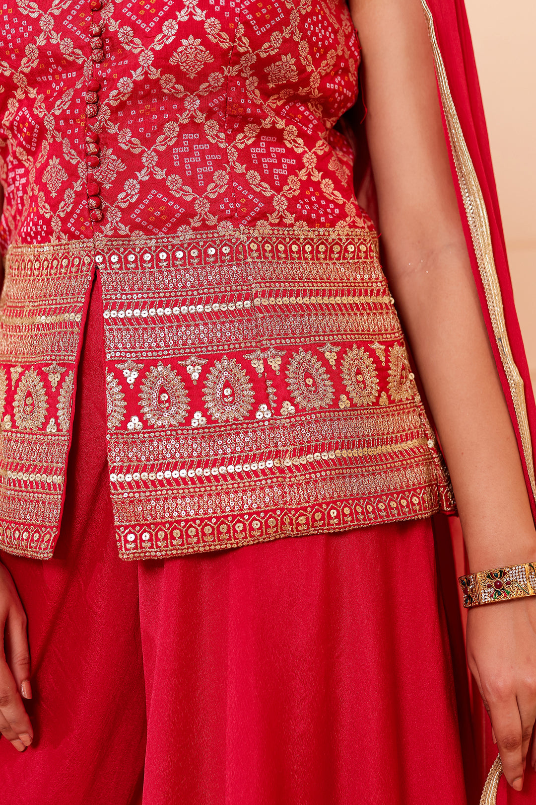 Red Bandhani Silk Palazzo Suit.