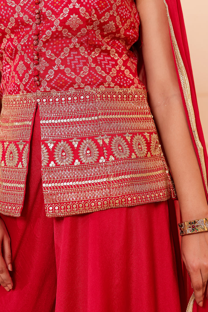 Red Bandhani Silk Palazzo Suit.