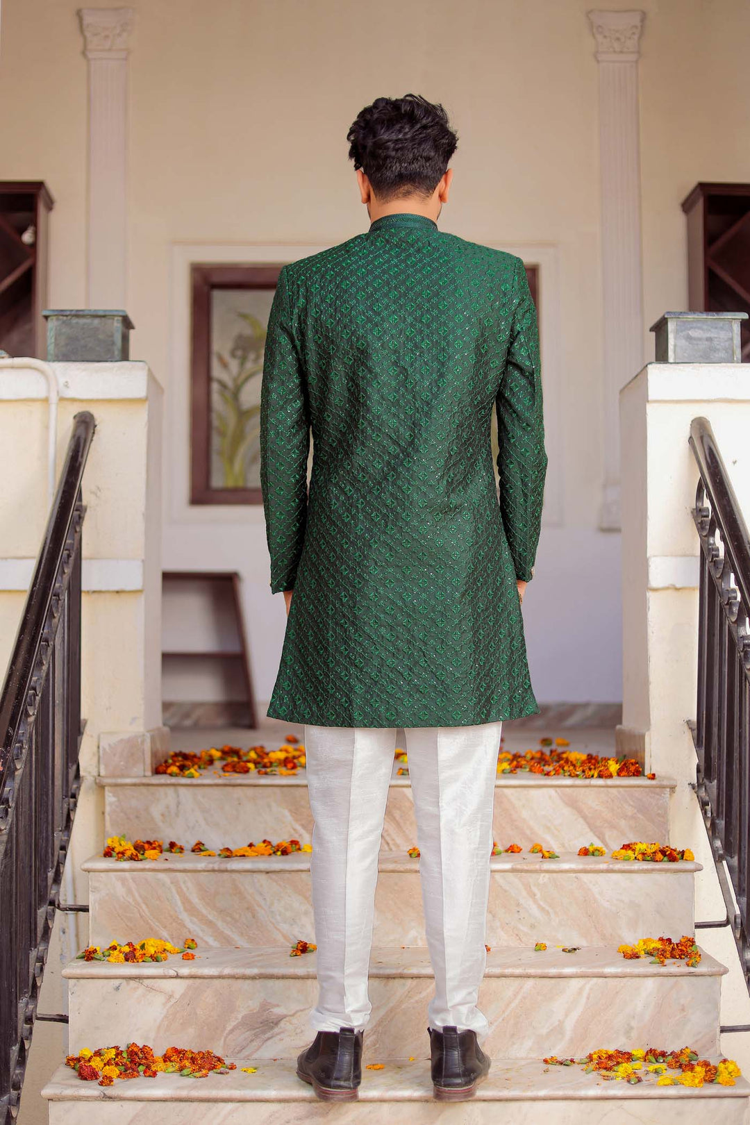 Bottle Green Lucknowi Silk Indo-western Suit