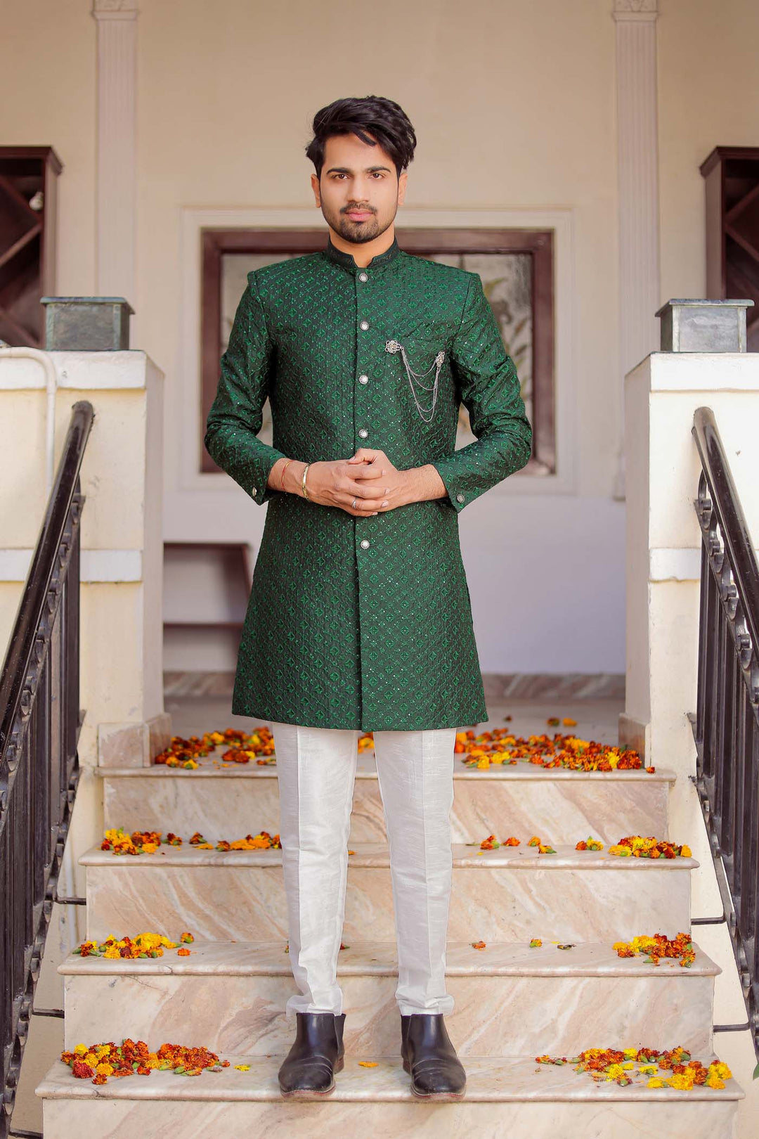 Bottle Green Lucknowi Silk Indo-western Suit