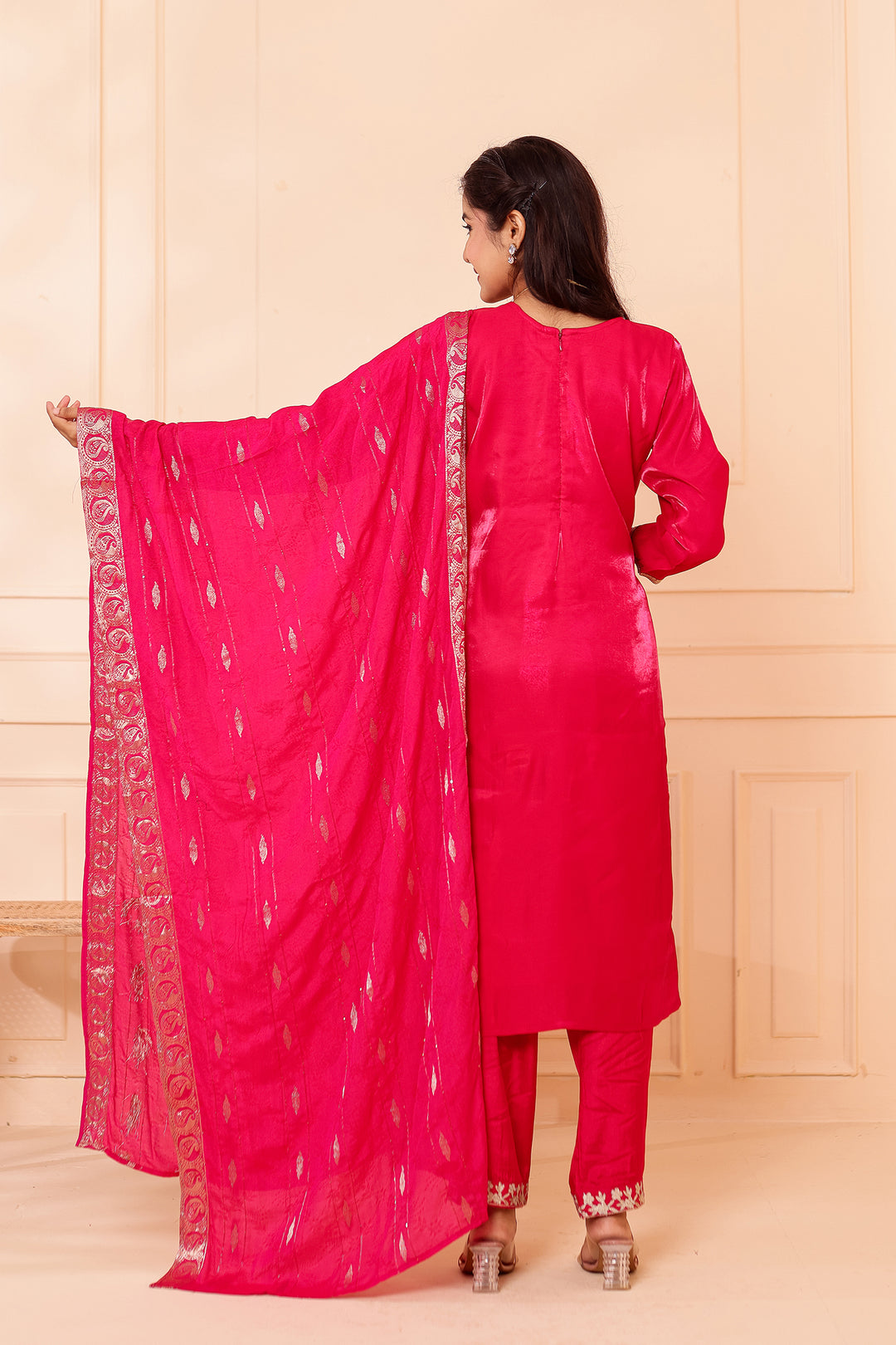 Fusia Pink Soft Shimmer Silk Straight Cut Kurta Set.