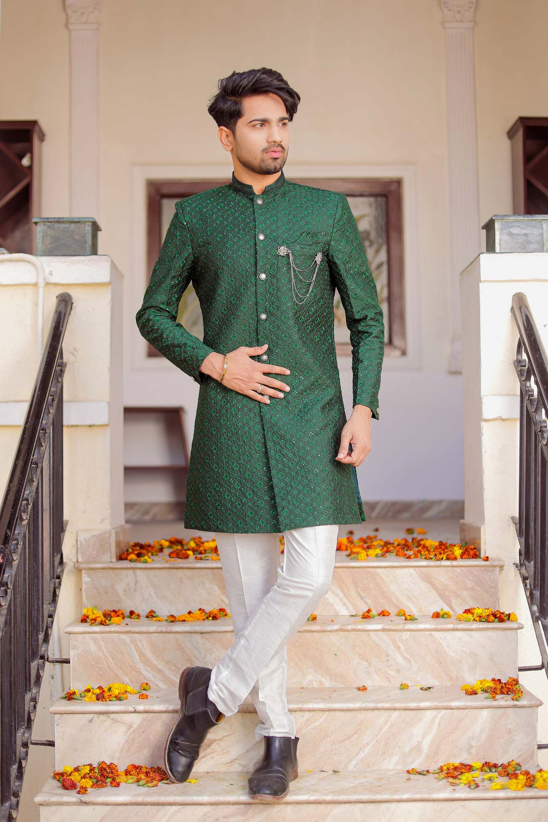 Bottle Green Lucknowi Silk Indo-western Suit