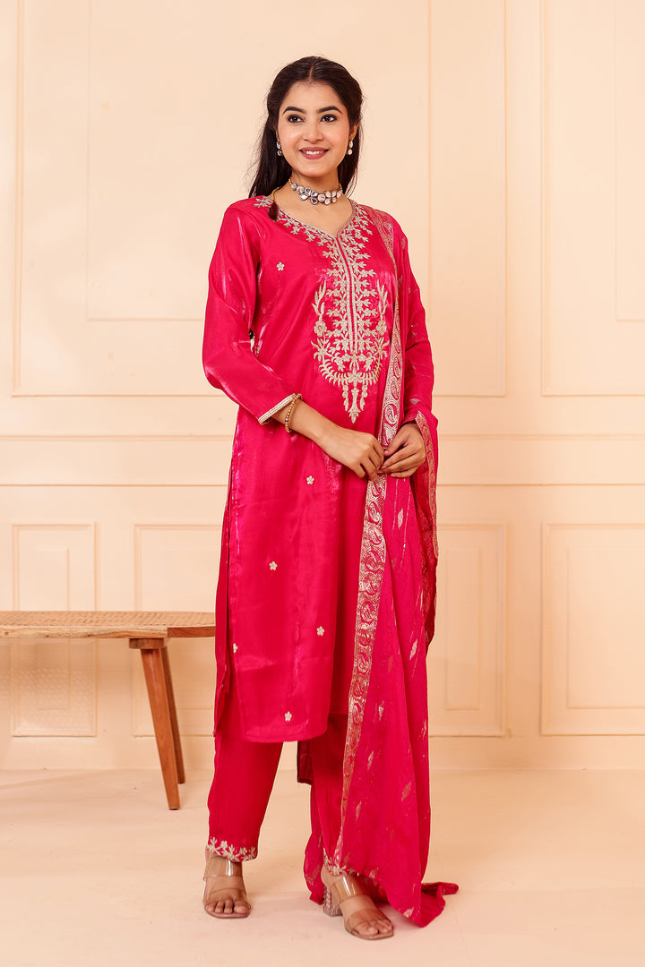 Fusia Pink Soft Shimmer Silk Straight Cut Kurta Set.