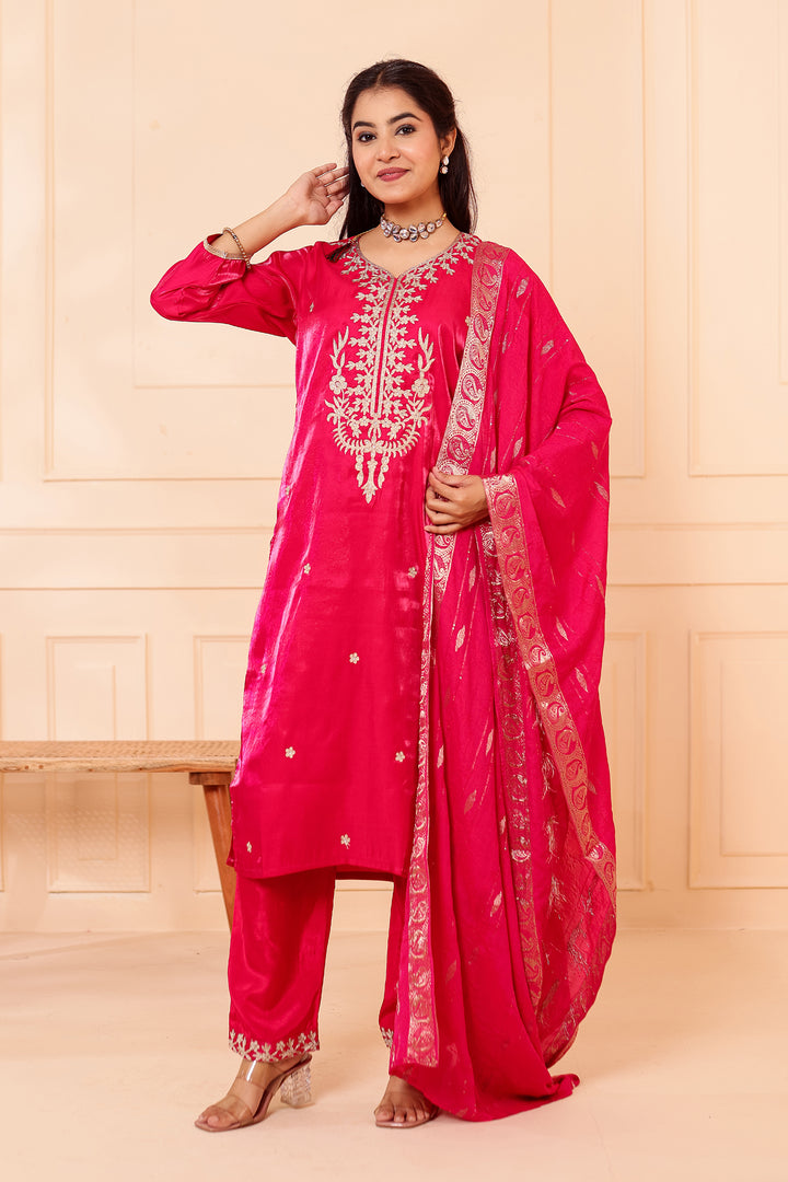 Fusia Pink Soft Shimmer Silk Straight Cut Kurta Set.