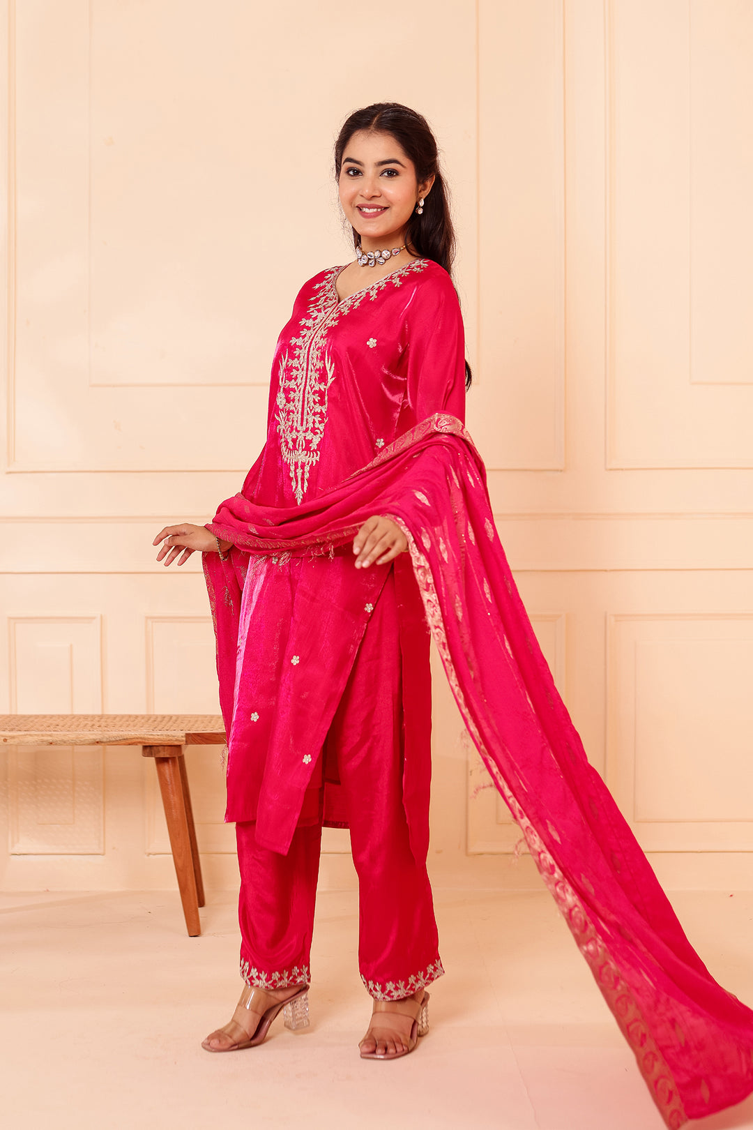 Fusia Pink Soft Shimmer Silk Straight Cut Kurta Set.