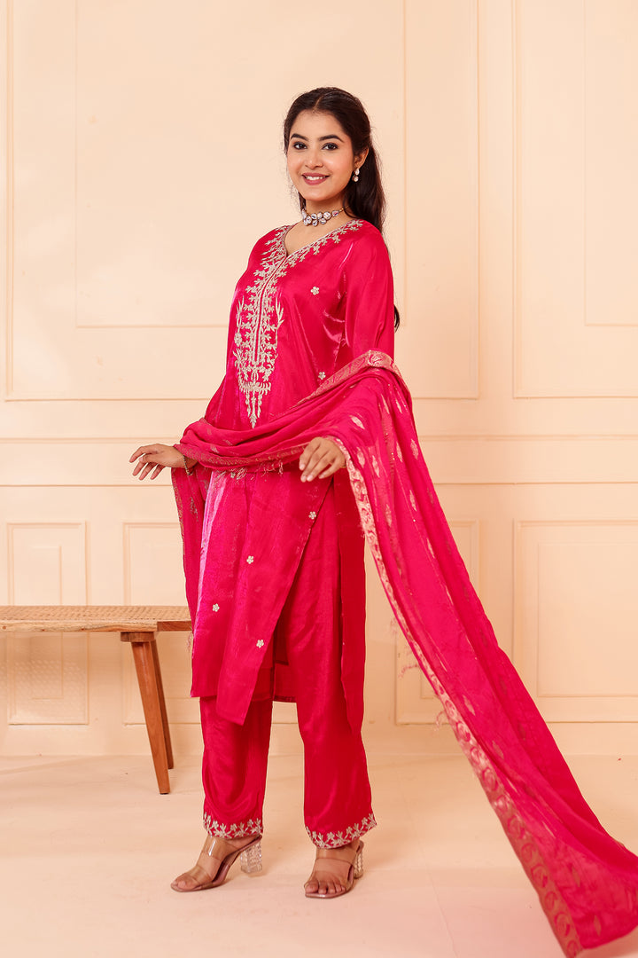 Fusia Pink Soft Shimmer Silk Straight Cut Kurta Set.